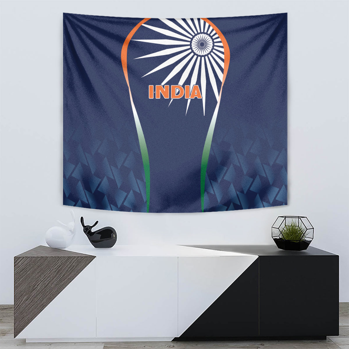 Blue INDIA cricket tapestry above console, with orange emblem and green vertical stripes