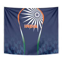 Blue India cricket tapestry close-up with INDIA text and emblem, orange top and green sides