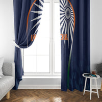 Navy blue curtains framing a window, with India emblem panels and INDIA lettering