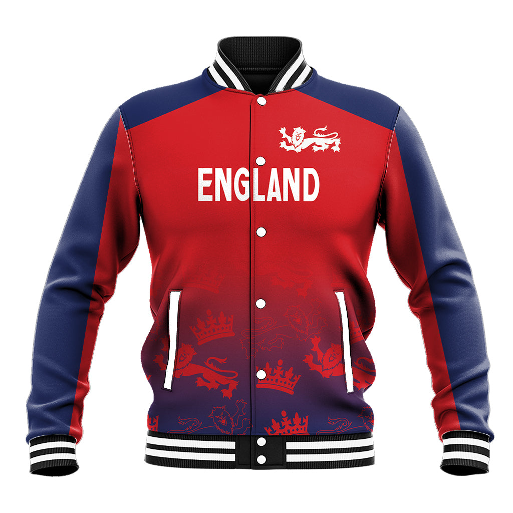 Red and navy England varsity baseball jacket with snap front, ribbed collar, and crest logo