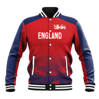 Red and navy England varsity baseball jacket with snap front, ribbed collar, and crest logo