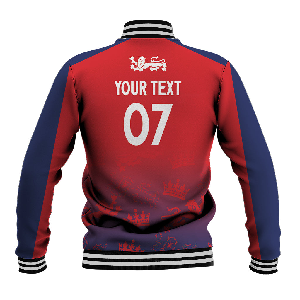 Back view of red and navy baseball jacket with ribbed hem and collar, crest above “YOUR TEXT 07”