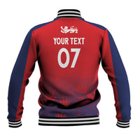 Back view of red and navy baseball jacket with ribbed hem and collar, crest above “YOUR TEXT 07”