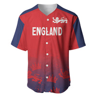 Red baseball-style cricket jersey with blue sleeves, front buttons, England text and crest