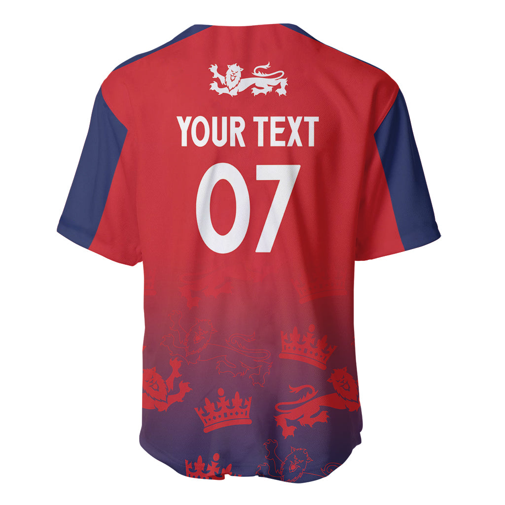 Red cricket baseball jersey with blue sleeves, back print 'YOUR TEXT' and number 07