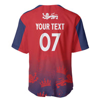 Red cricket baseball jersey with blue sleeves, back print 'YOUR TEXT' and number 07