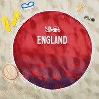 Red circular beach blanket with fringe edge, 'ENGLAND' print and lion/crown pattern