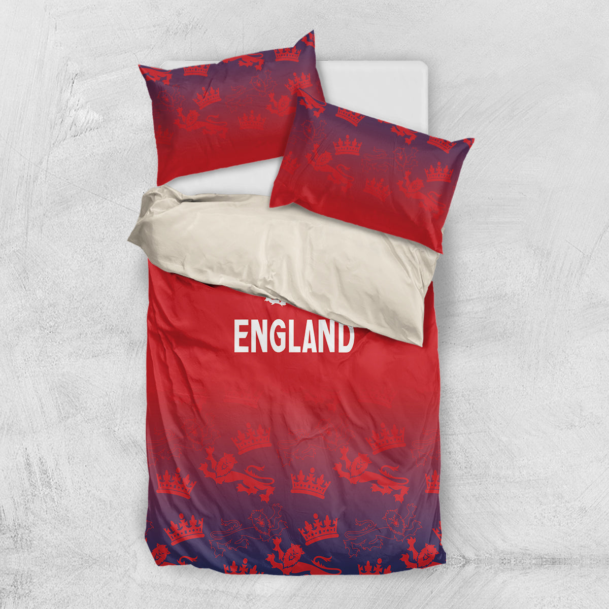 Red England duvet cover and two pillowcases, crowned lion design