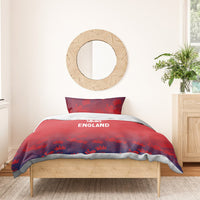 Red England duvet cover over bed with two pillowcases, crowned lion and crown pattern