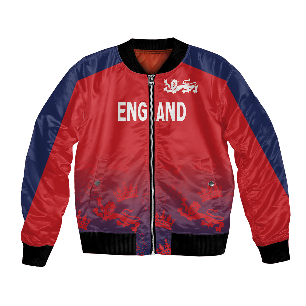 Red and navy unisex bomber jacket with zip front, ribbed cuffs, 'ENGLAND' panel and crest
