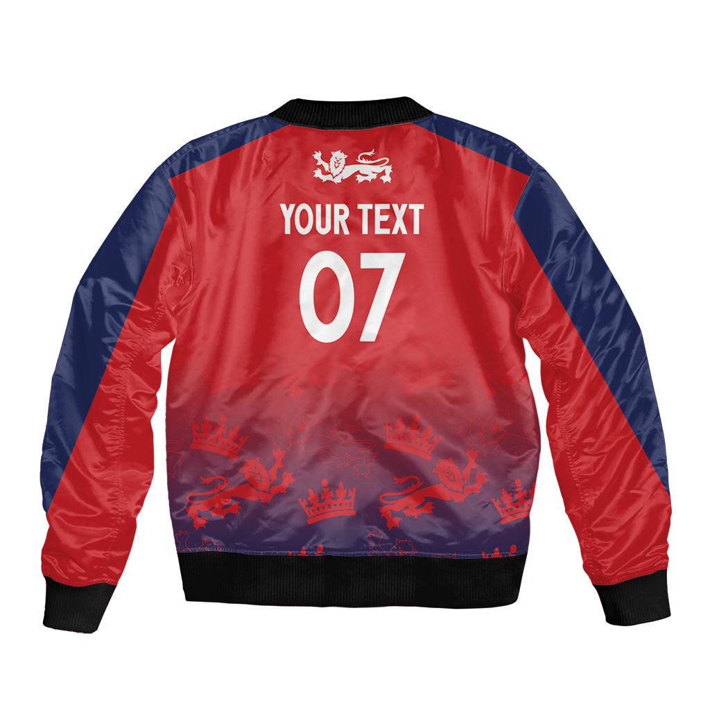 Red and navy unisex bomber jacket with zip, ribbed cuffs, crest and 'YOUR TEXT 07' back