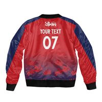 Red and navy unisex bomber jacket with zip, ribbed cuffs, crest and 'YOUR TEXT 07' back