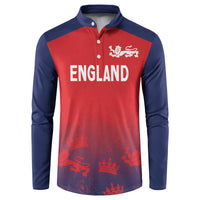 Red and navy long-sleeve button sweatshirt, front 'ENGLAND' with lion crest