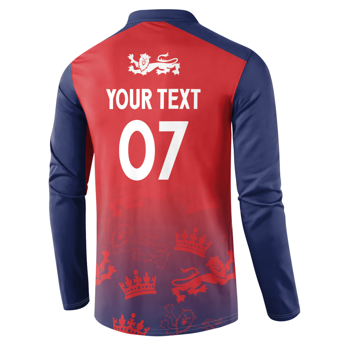 Red and navy long-sleeve button sweatshirt with back 'YOUR TEXT 07' graphic