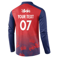 Red and navy long-sleeve button sweatshirt with back 'YOUR TEXT 07' graphic