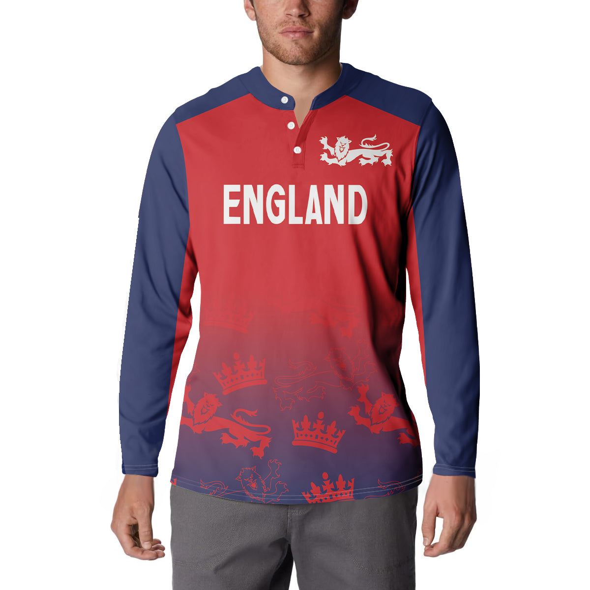 Long-sleeve button sweatshirt on model, red front with 'ENGLAND' lion crest graphic