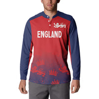 Long-sleeve button sweatshirt on model, red front with 'ENGLAND' lion crest graphic
