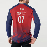 Red and navy long-sleeve button sweatshirt with back 'YOUR TEXT 07' and crest