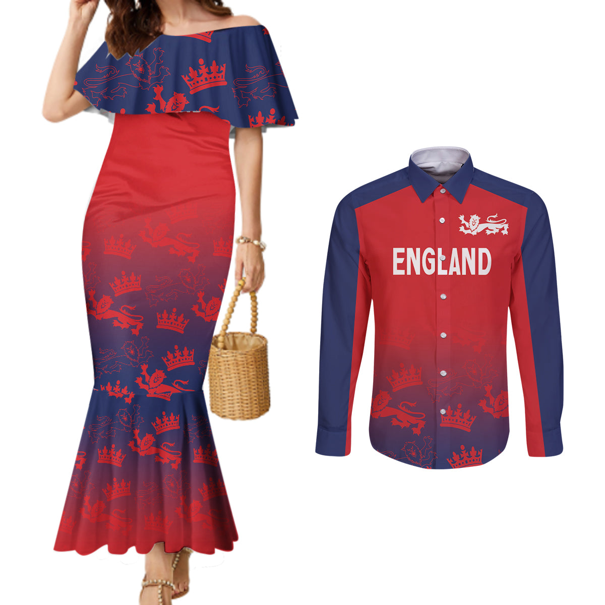 England Cricket World Cup 2025 Couples Matching Mermaid Dress and Long Sleeve Button Shirt Seamless Inspiration