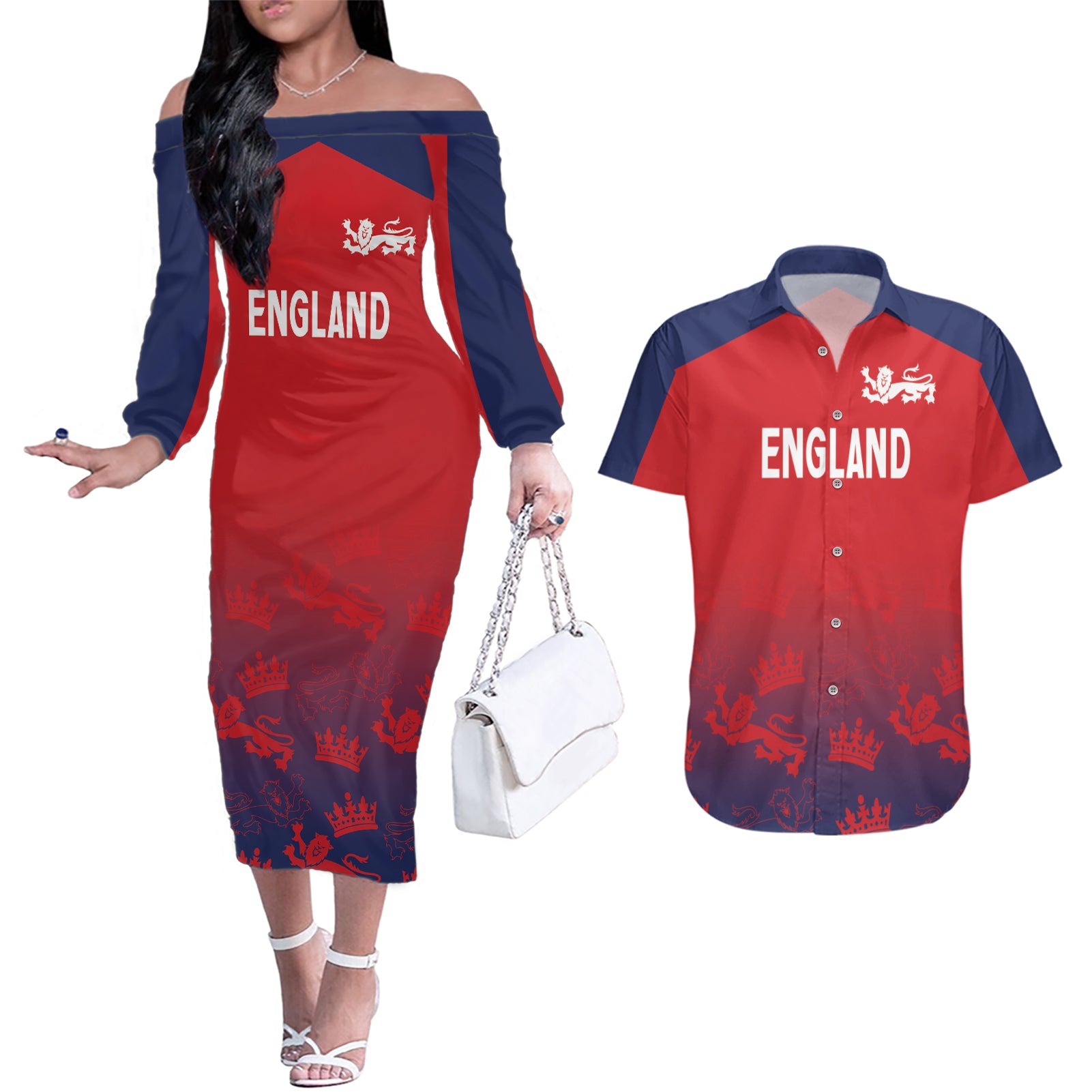 England Cricket World Cup 2024 Couples Matching Off The Shoulder Long Sleeve Dress and Hawaiian Shirt Seamless Inspiration LT7 - Wonder Print Shop