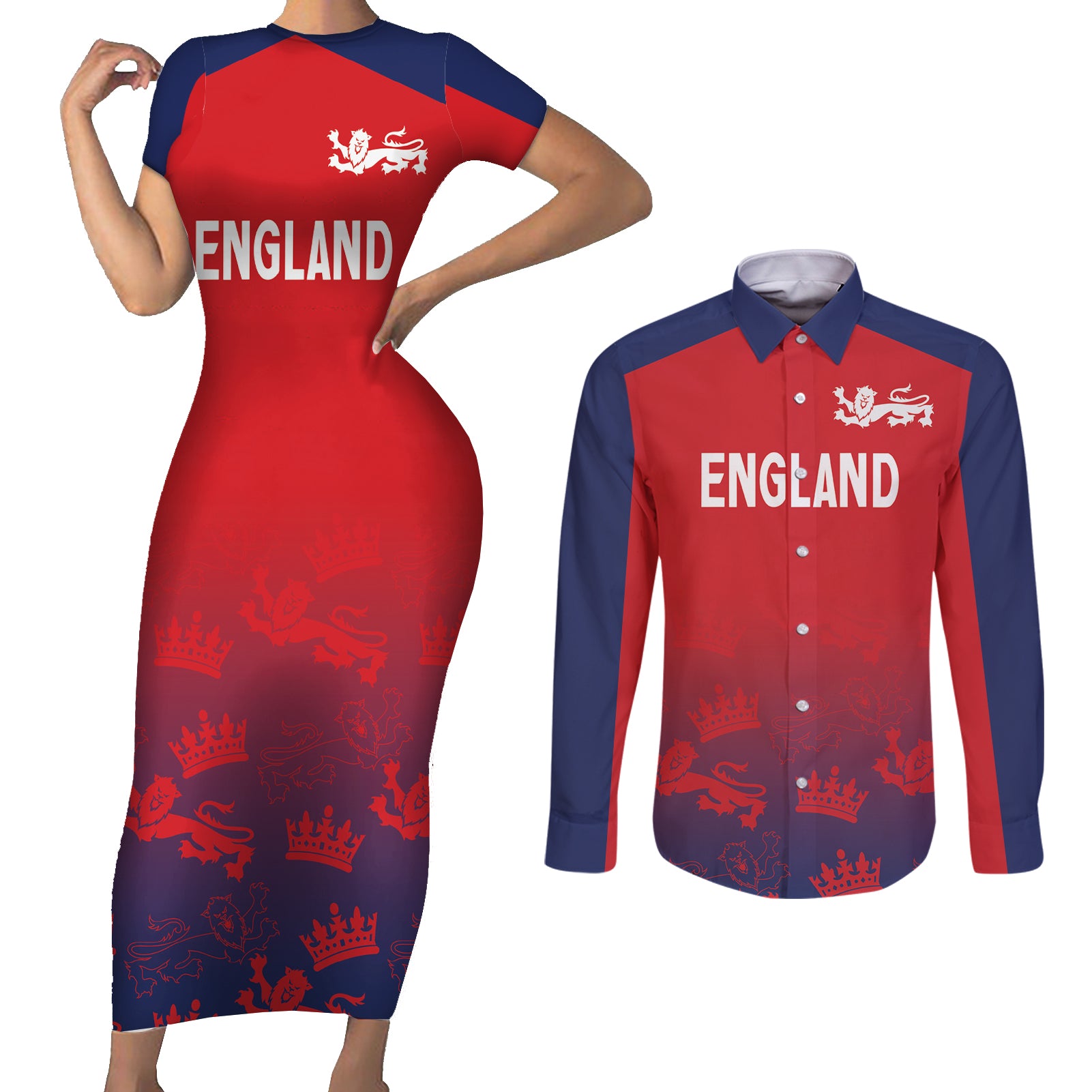 England Cricket World Cup 2024 Couples Matching Short Sleeve Bodycon Dress and Long Sleeve Button Shirt Seamless Inspiration LT7 - Wonder Print Shop