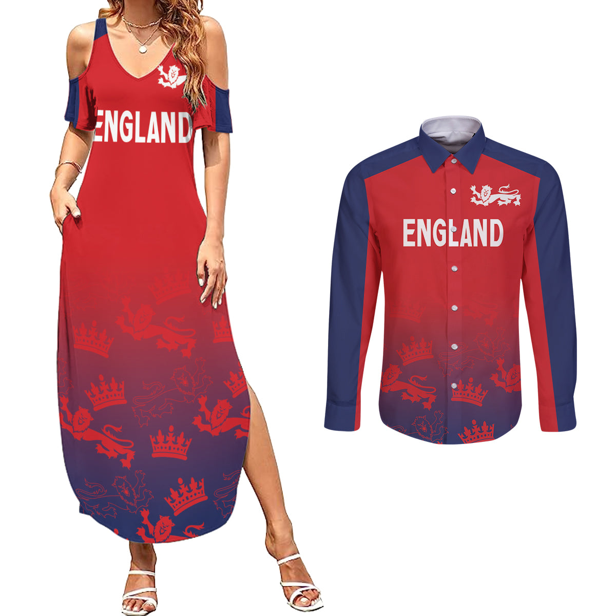 England Cricket World Cup 2024 Couples Matching Summer Maxi Dress and Long Sleeve Button Shirt Seamless Inspiration LT7 - Wonder Print Shop