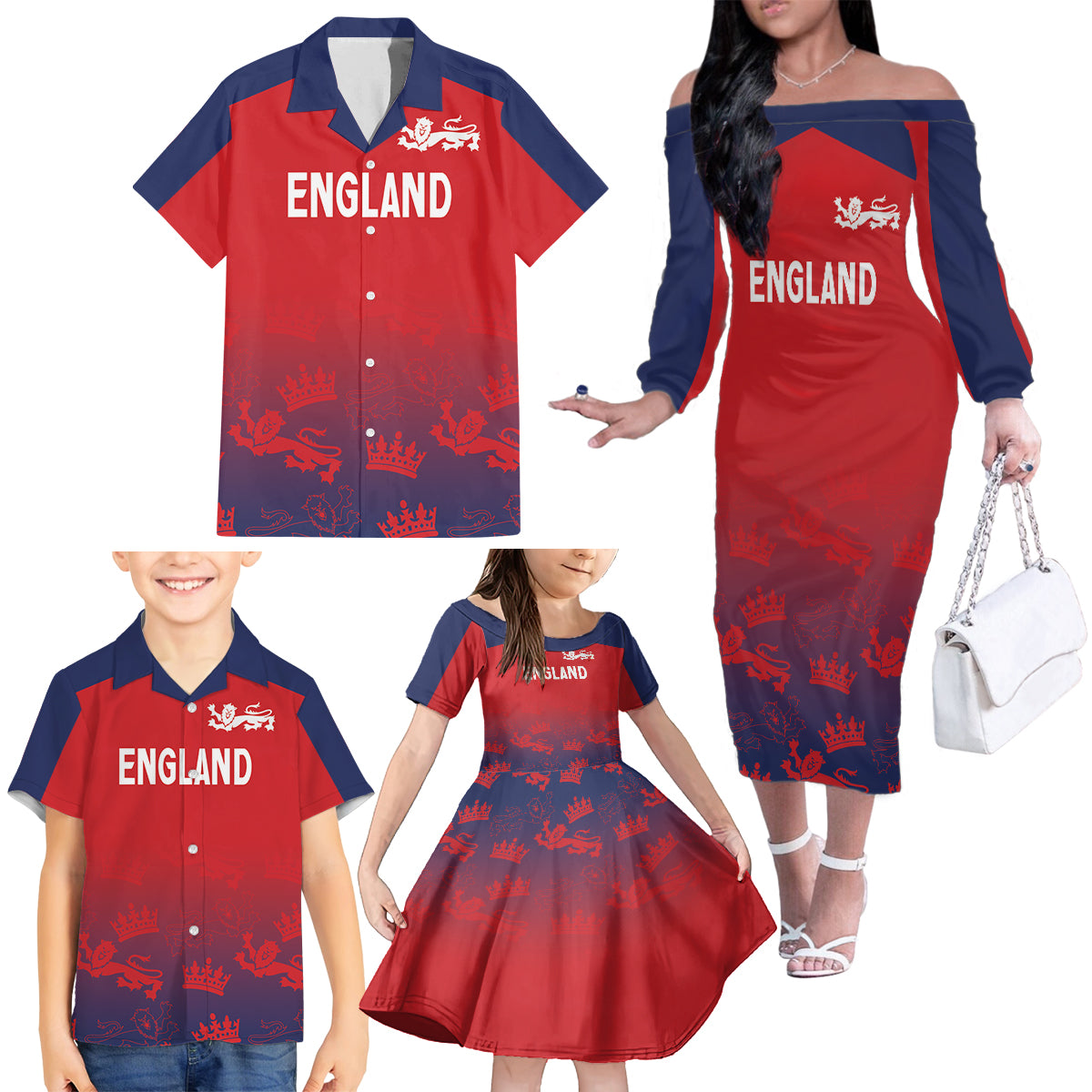 England Cricket World Cup 2024 Family Matching Off The Shoulder Long Sleeve Dress and Hawaiian Shirt Seamless Inspiration - Wonder Print Shop