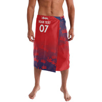 Red and navy seamless lavalava shorts with elastic waistband and side graphic, knee length