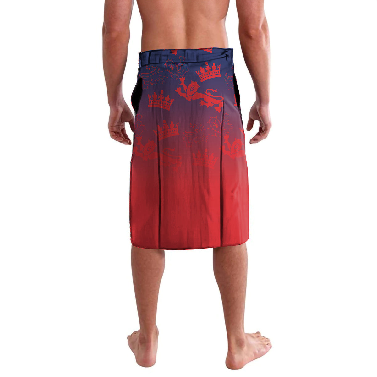 Red and navy lavalava shorts with elastic waistband and all-over pattern, knee length