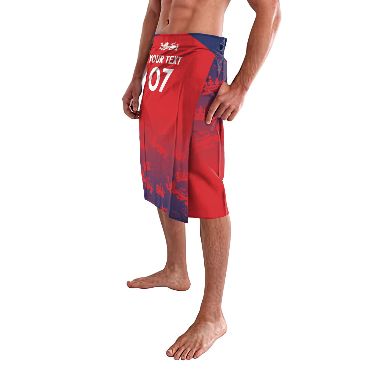 Red and navy lavalava shorts with elastic waistband and side graphic panel, knee length