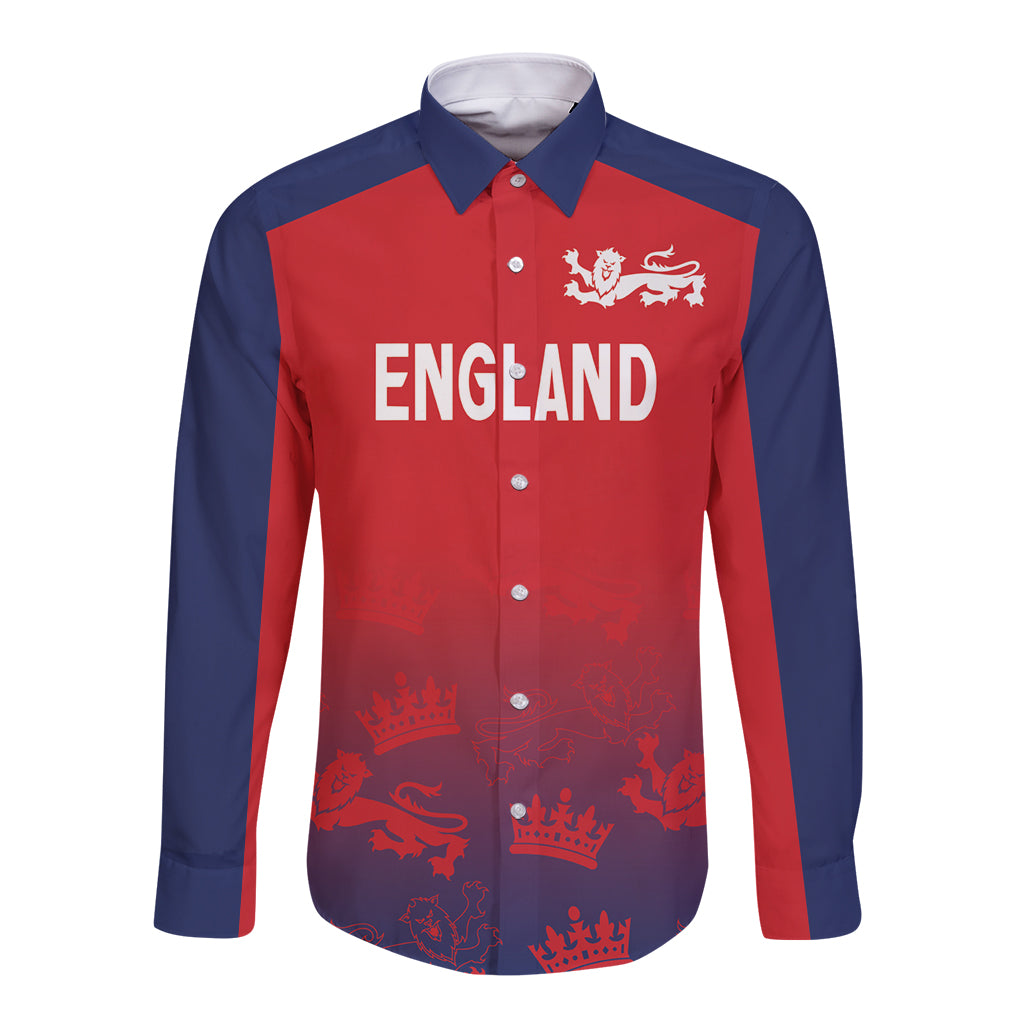 England long-sleeve button shirt, red with navy panels, front print and crest
