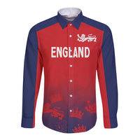 England long-sleeve button shirt, red with navy panels, front print and crest
