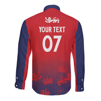 Long-sleeve button shirt back, red with navy side panels, 'YOUR TEXT' and 07