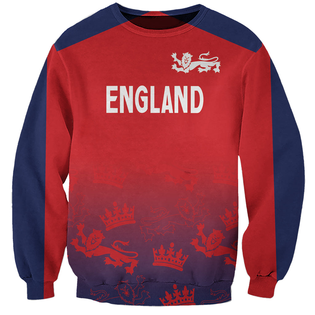 Red England sweatshirt with navy sleeves, front crest and 'ENGLAND' text graphic
