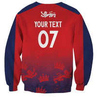 Red sweatshirt with navy sleeves, back graphic 'YOUR TEXT' and large '07' number