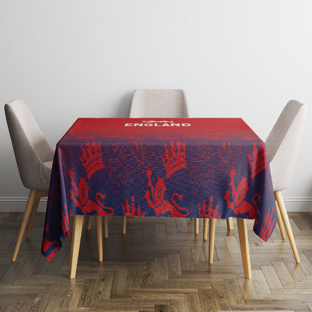 Red and navy tablecloth with ENGLAND text and crown motifs on dining table.
