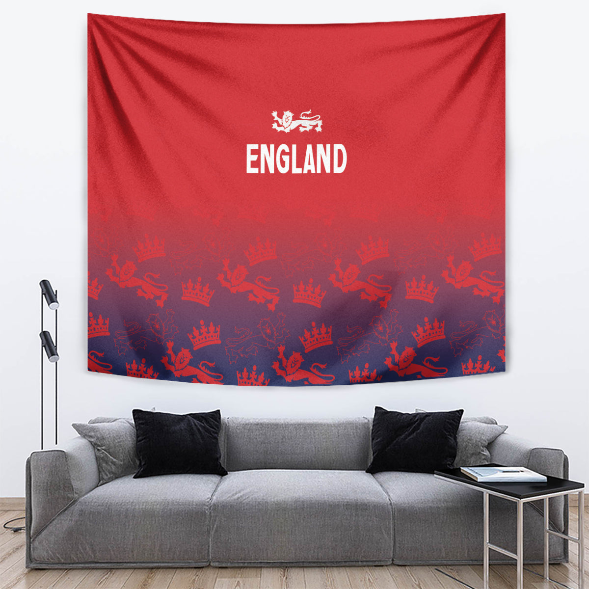 Red England tapestry with centered white England text and dark blue crown pattern