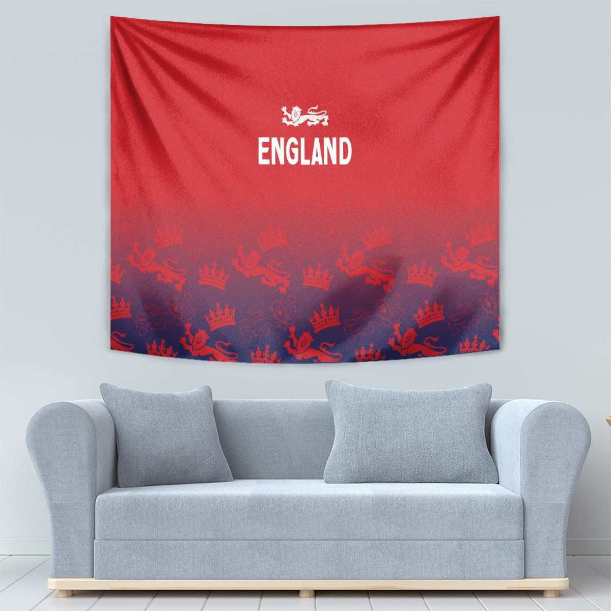 Red England tapestry with white crest and crown-and-lion motif, seamless wall hanging