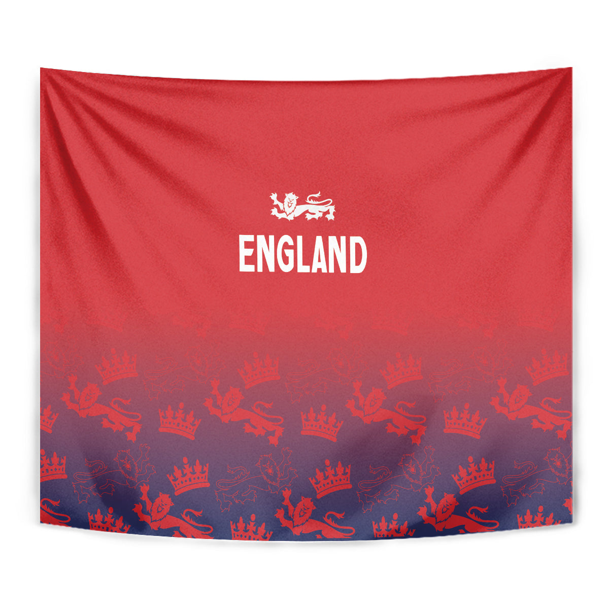 Red England wall tapestry with white crest text and repeating navy crowns, seamless