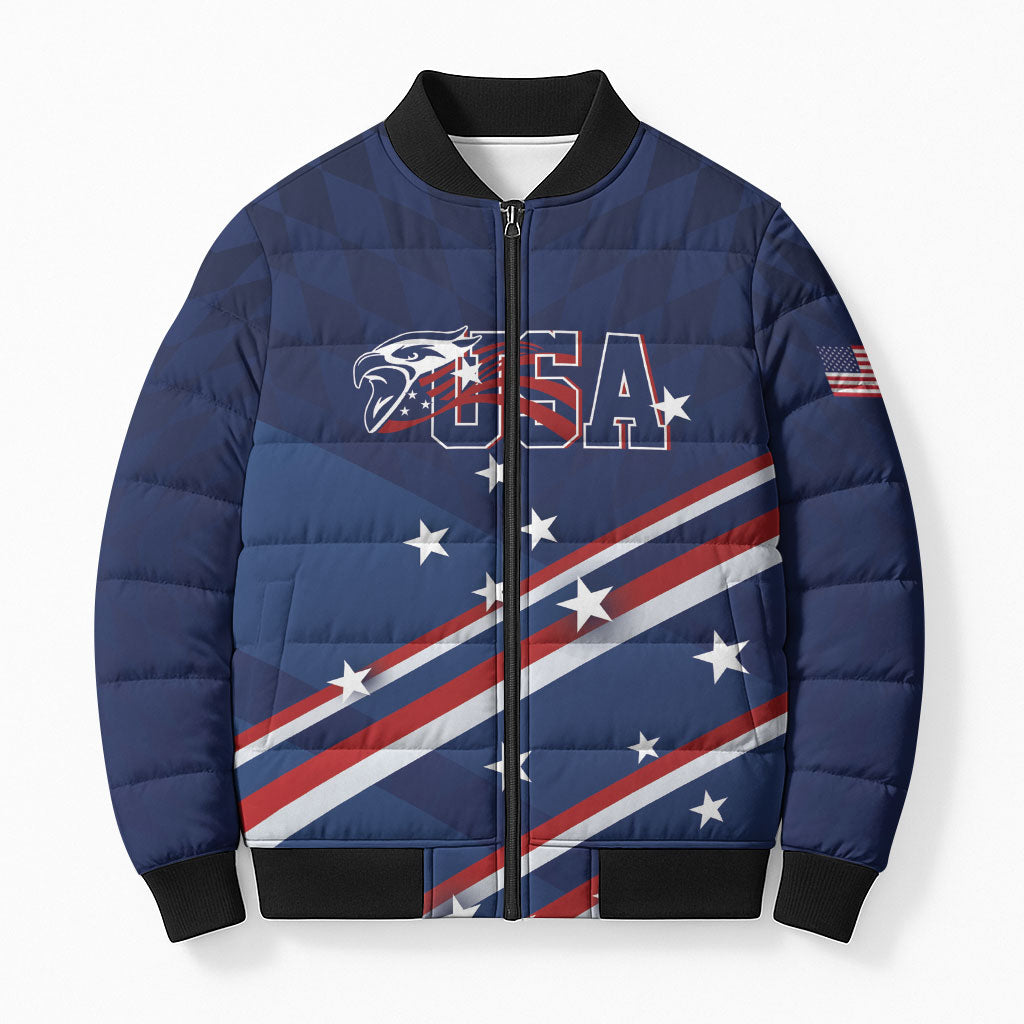 USA Custom Rugby Stars Motif Bomber Puffer Jacket GO Eagles