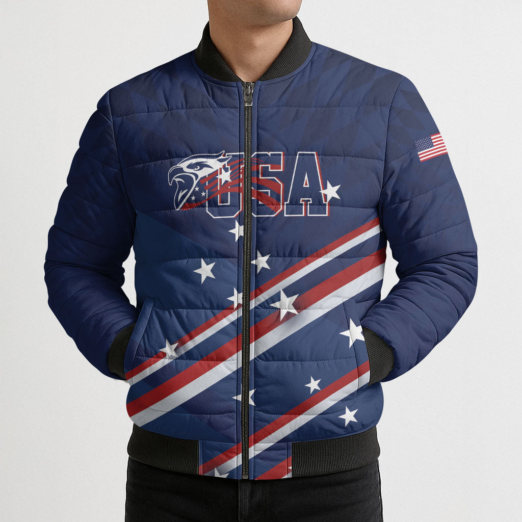 USA Custom Rugby Stars Motif Bomber Puffer Jacket GO Eagles