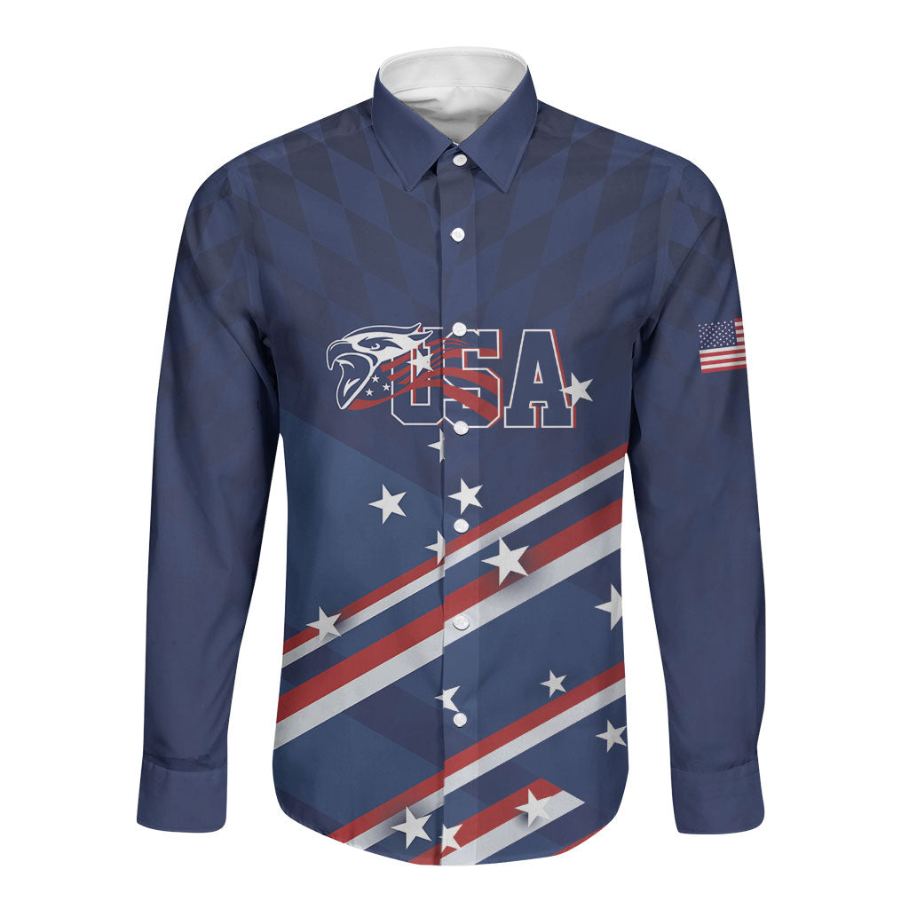 USA Custom Rugby Stars Motif Long Sleeve Button Shirt GO Eagles
