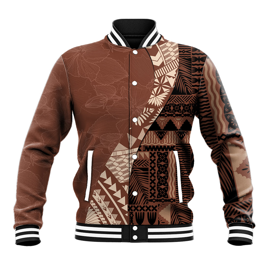 Brown tribal patchwork baseball jacket with snap buttons, ribbed collar and striped cuffs.