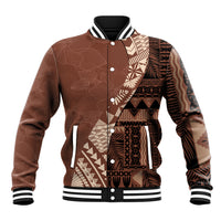Brown tribal patchwork baseball jacket with snap buttons, ribbed collar and striped cuffs.