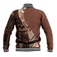 Brown tribal patchwork baseball jacket, ribbed striped hem and cuffs, snap button back.
