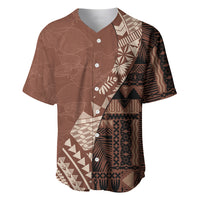Brown baseball jersey with button-front V-neck and tribal masi-inspired patchwork