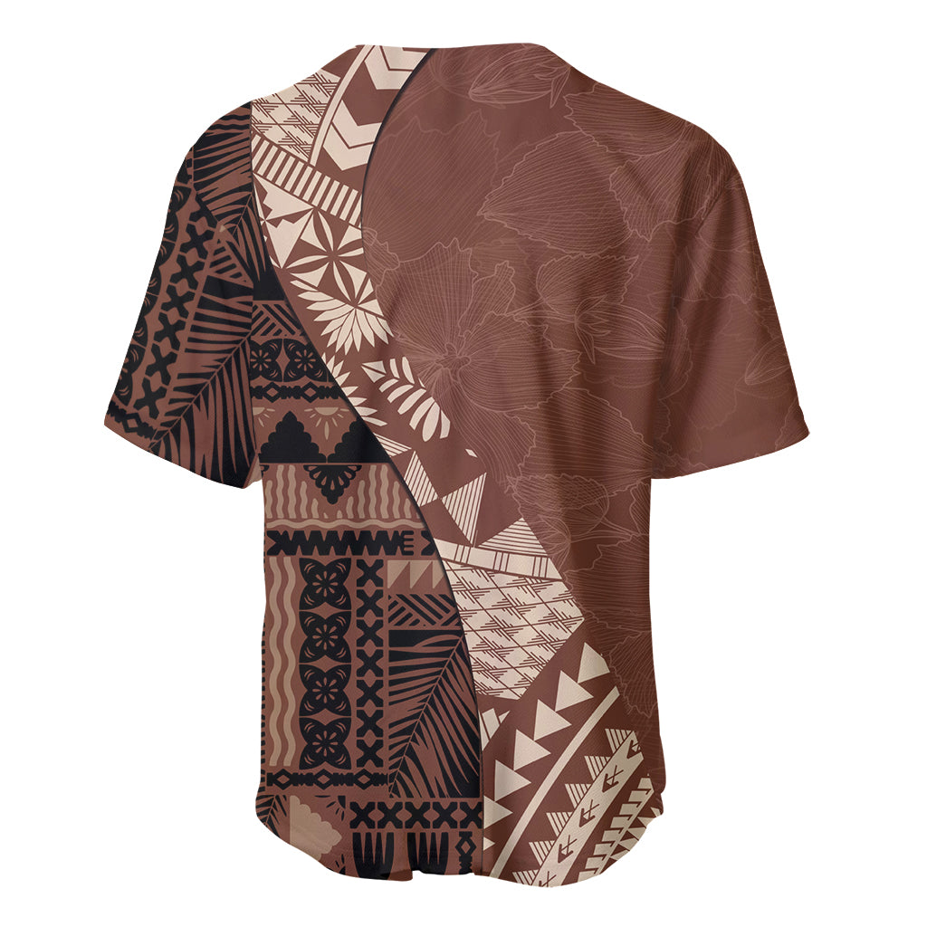 Brown baseball jersey back view with tribal masi-inspired abstract print