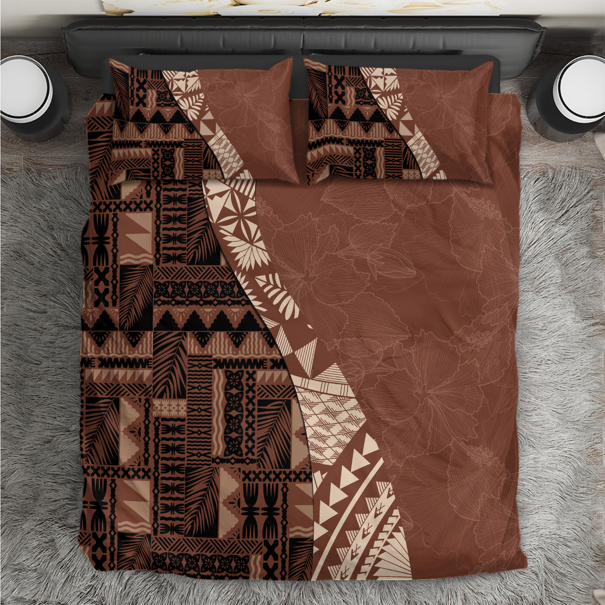 Brown tribal patterned bedspread set with matching pillowcases, geometric and floral details