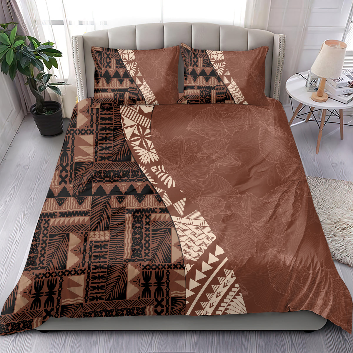 Brown bedding set: duvet with tribal geometric print panel and two square pillow shams