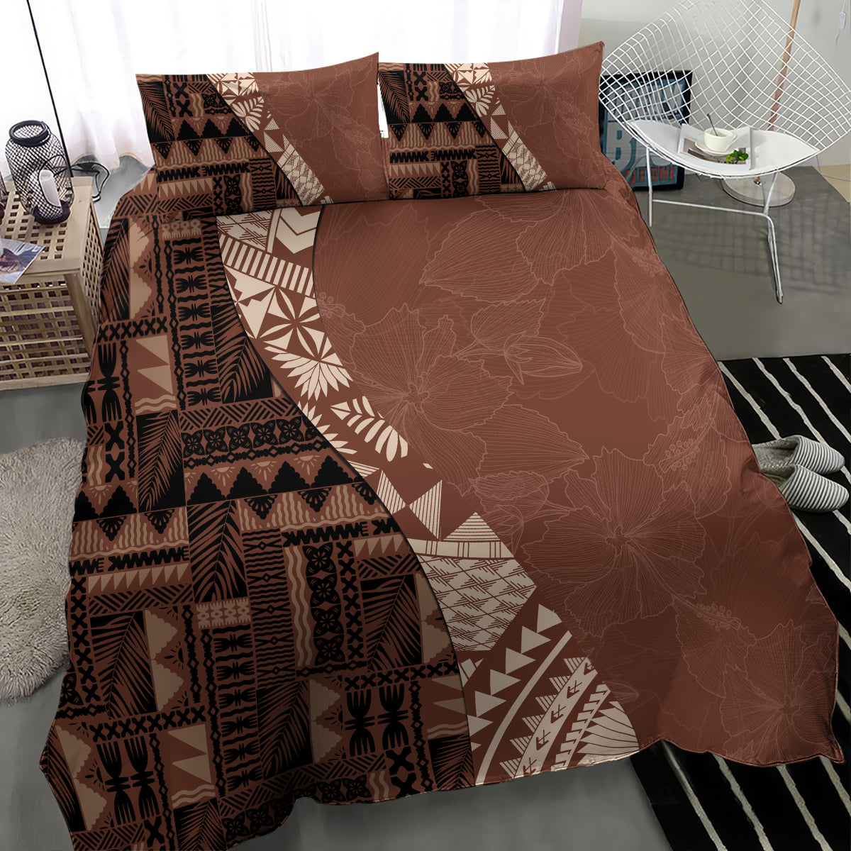 Brown duvet and pillow shams with tribal blocks, aztec-style patterns, and light motif trim